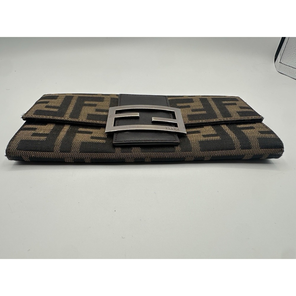 Fendi Zucca Print Wallet Brown Canvas Leather Trim FF Logo Buckle Silver Tone - Picture 2 of 9